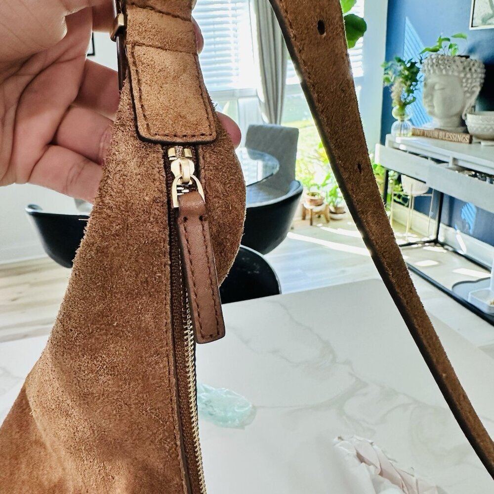 Madewell Essential Curve Shoulder Bag Aged Camel Suede Leather Green NWOT - Picture 13 of 15